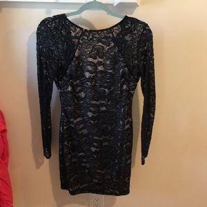 tight black lace body con long sleeve dress